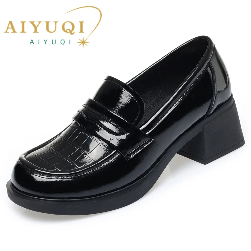 Women Loafers Non-slip 2024 Thick Heel Casual British Women Spring Shoes Lace-up Genuine Leather Women Shoes Medium Heel