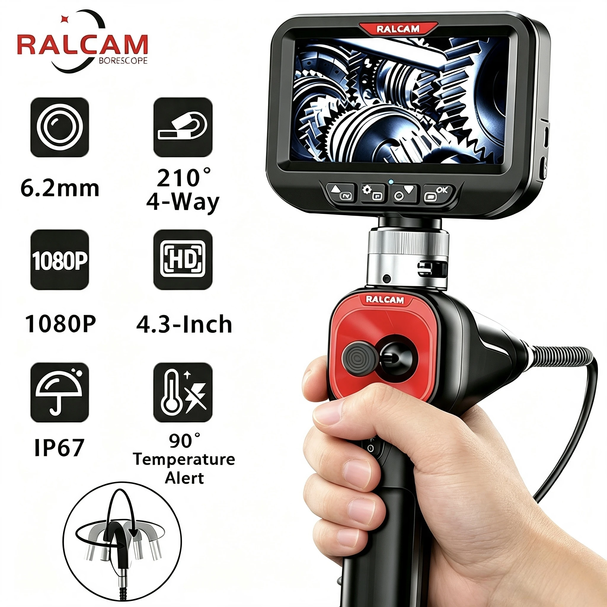 360° Rotatable Industrial Endoscope Camera, 6.2mm 4‑Way Steering, 1080P HD IPS Screen, Endoscope Camera for Auto Repair Pipeline