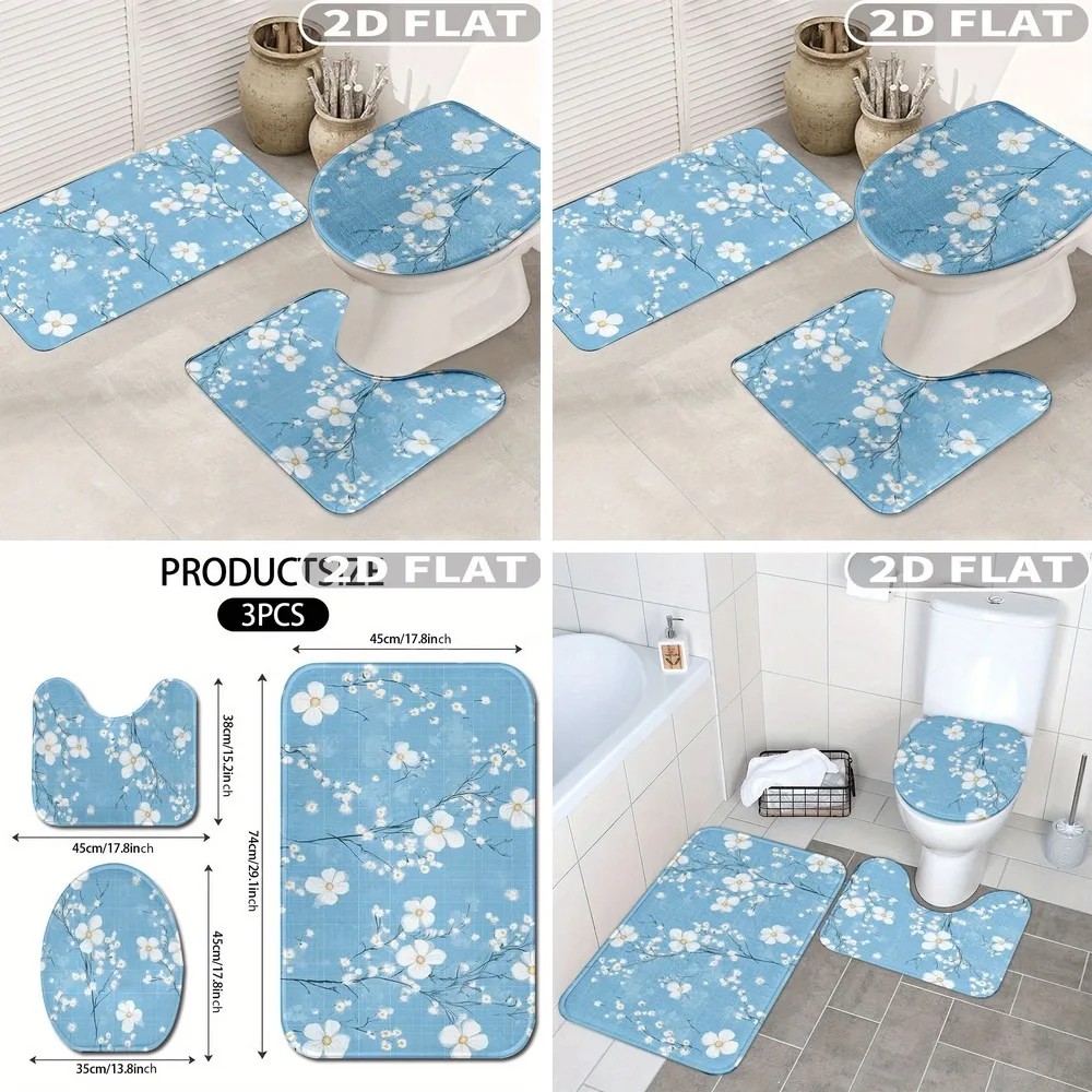 

2D Flat 3Pcs Bathroom Rug Set Blue Background White Floral Branch Pattern Non-Slip Washable Floor Mat Decor for Bathroom