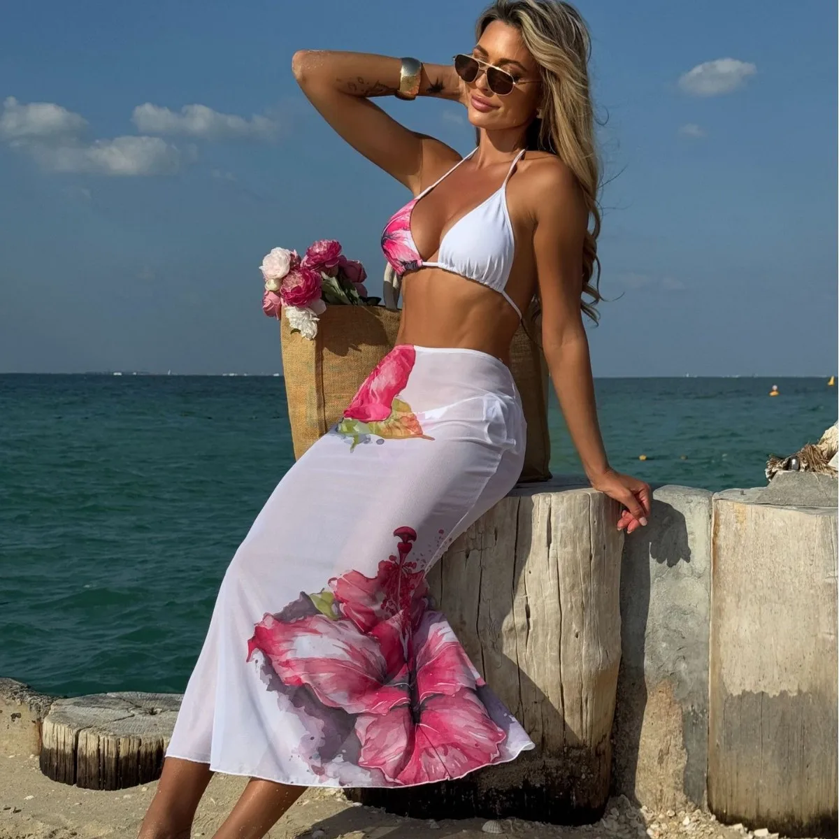 3PCS Halter Mesh Bikini Set Women Swimsuit String Swimwear Triangle Female Solid Bathers Sexy Bathing Swim Suit Summer Beachwear