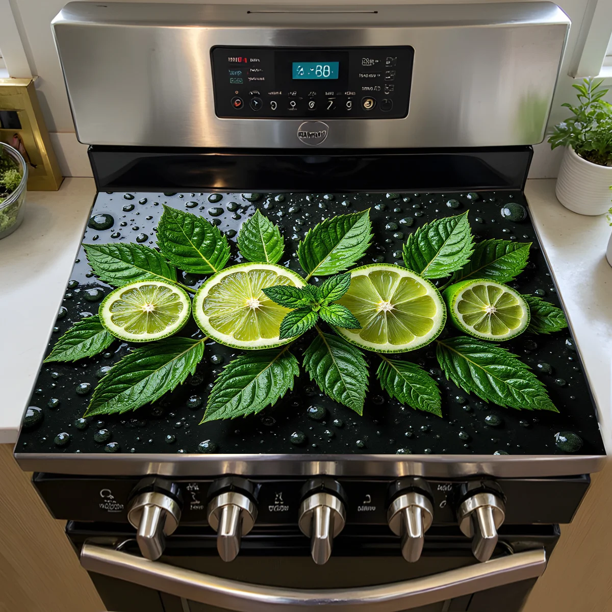 Refreshing Lime & Mint Stove Cover, Water Droplet Pattern, Non-Slip Cooktop Protector Mat for Kitchen Stove Protection & Decor