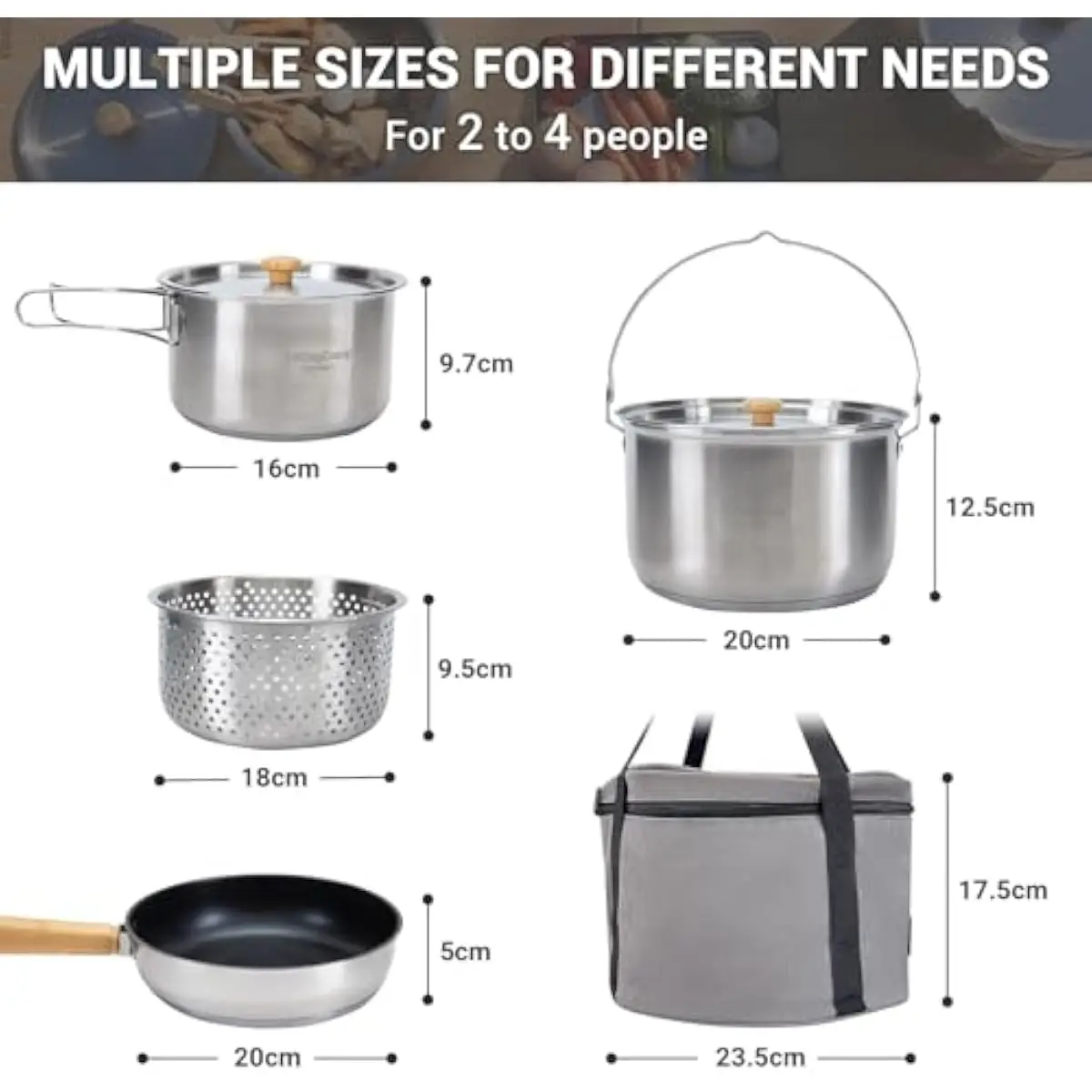 Camping Cookware Set 5-Piece Stainless Steel Outdoor Pot Kit for 4–6 People Includes Large 7.8-Inch Pot Medium 6.2-Inch Pot Cola