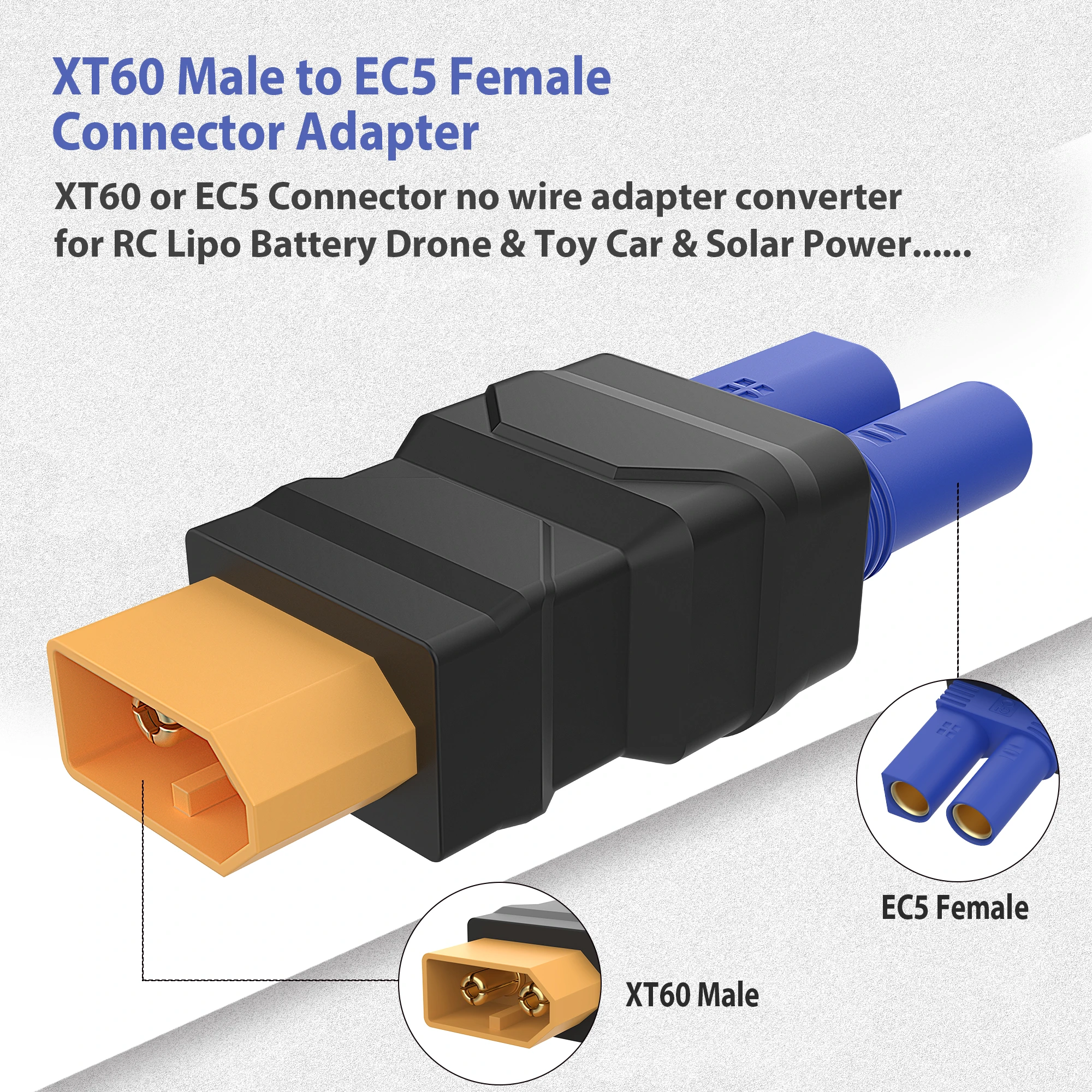 EC5 to XT60 Connector XT60 Male to EC5 Female Adapter Injection Molded RC Battery Adapter for LiPo Battery Micro FPV Drone