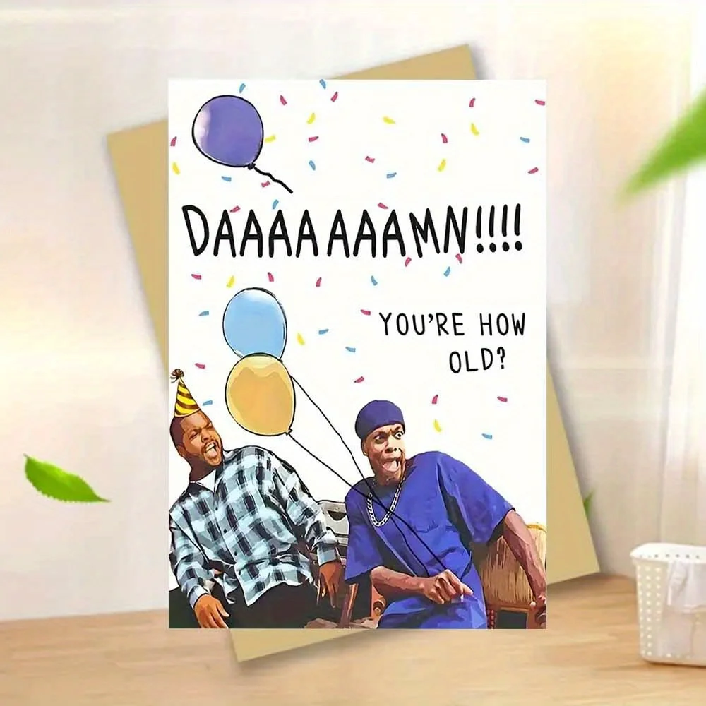 2 Stück „Wie alt bist du?“ Lustige Geburtstagskarten (mit Umschlag) – Gelbe, humorvolle Karten mit dem Thema „Alterung“, für Damen und Herren geeignet, im Cartoon-Stil mit Partyhut und Luftballons, Partyzubehör für Feiertage, witziges Design, farbenfrohe Illustrationen. – Detail 1