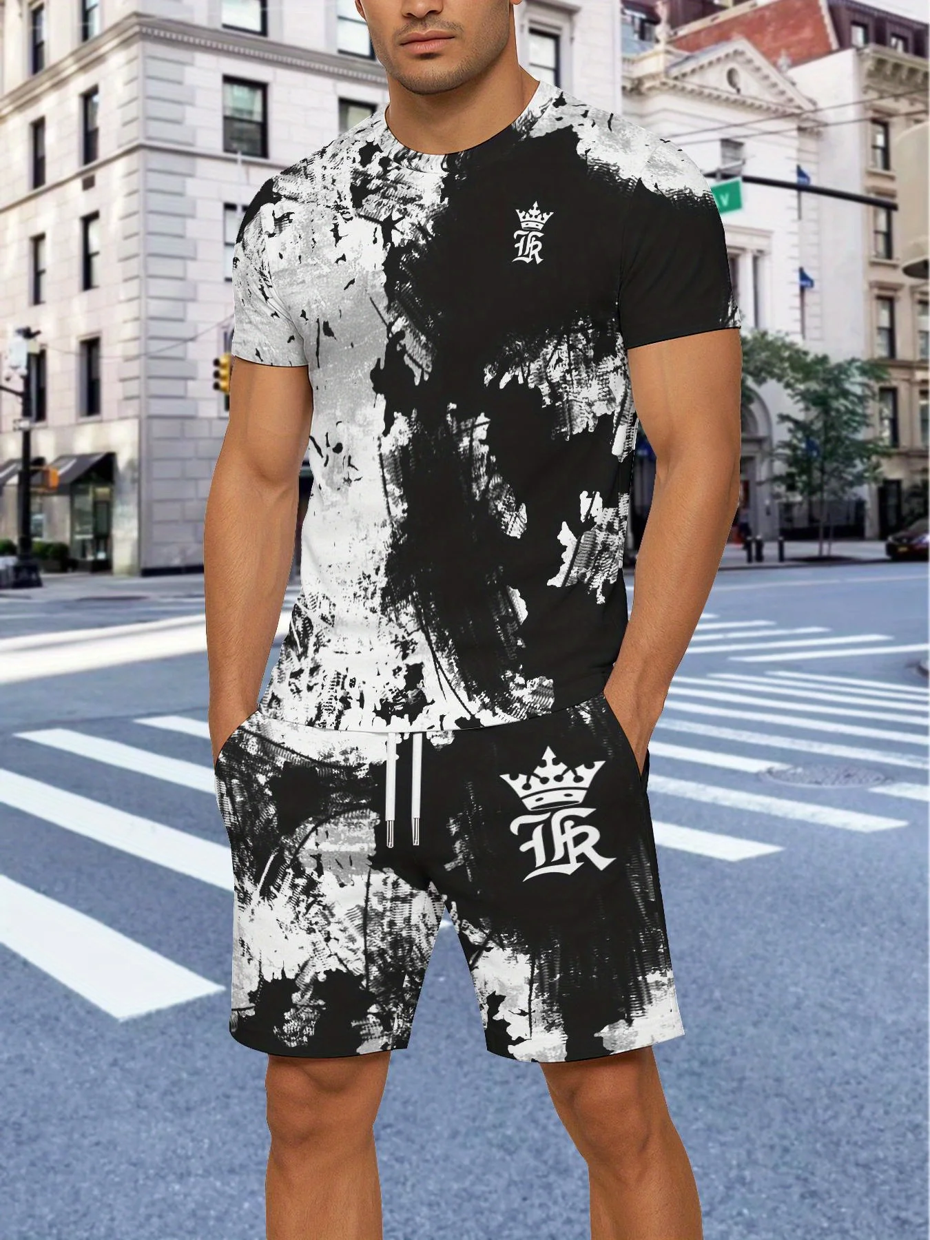 

Мужская футболка с абстрактным дизайном и шортами, комплект из 2 предметов, свободная спортивная футболка больших размеров 2025 года, комплект шорт с эластичной резинкой на талии, мужская одежда