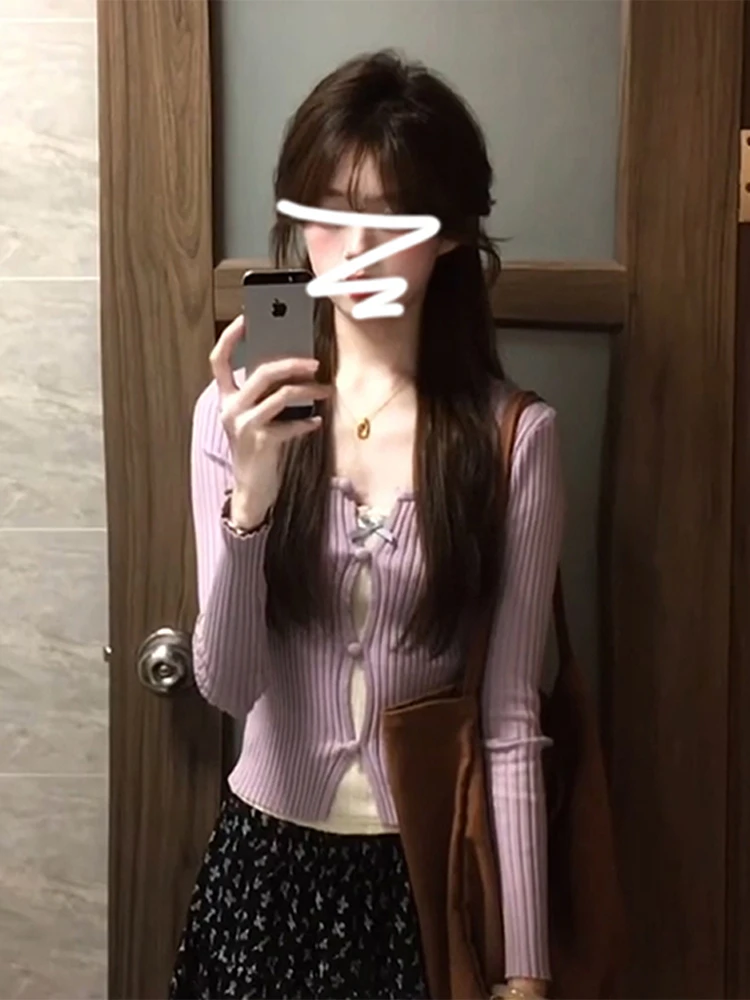 

Korean Sle Purple Long Sve Women's Knitted Top Slimming Fake Two-Piece Sweet Sle Autumn Winter Pure Desire Faion