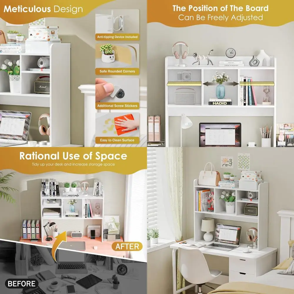 

White Multi-Purpose Wooden Desk Hutch with 4 Shelves for Home Office or Dorm Storage