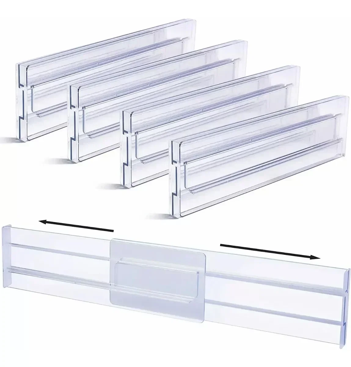 Separadores de cajones para cocina, organizadores ajustables de 8cm de alto, expandible de 27,5 a 52cm, de plástico transparente, 1 piezas