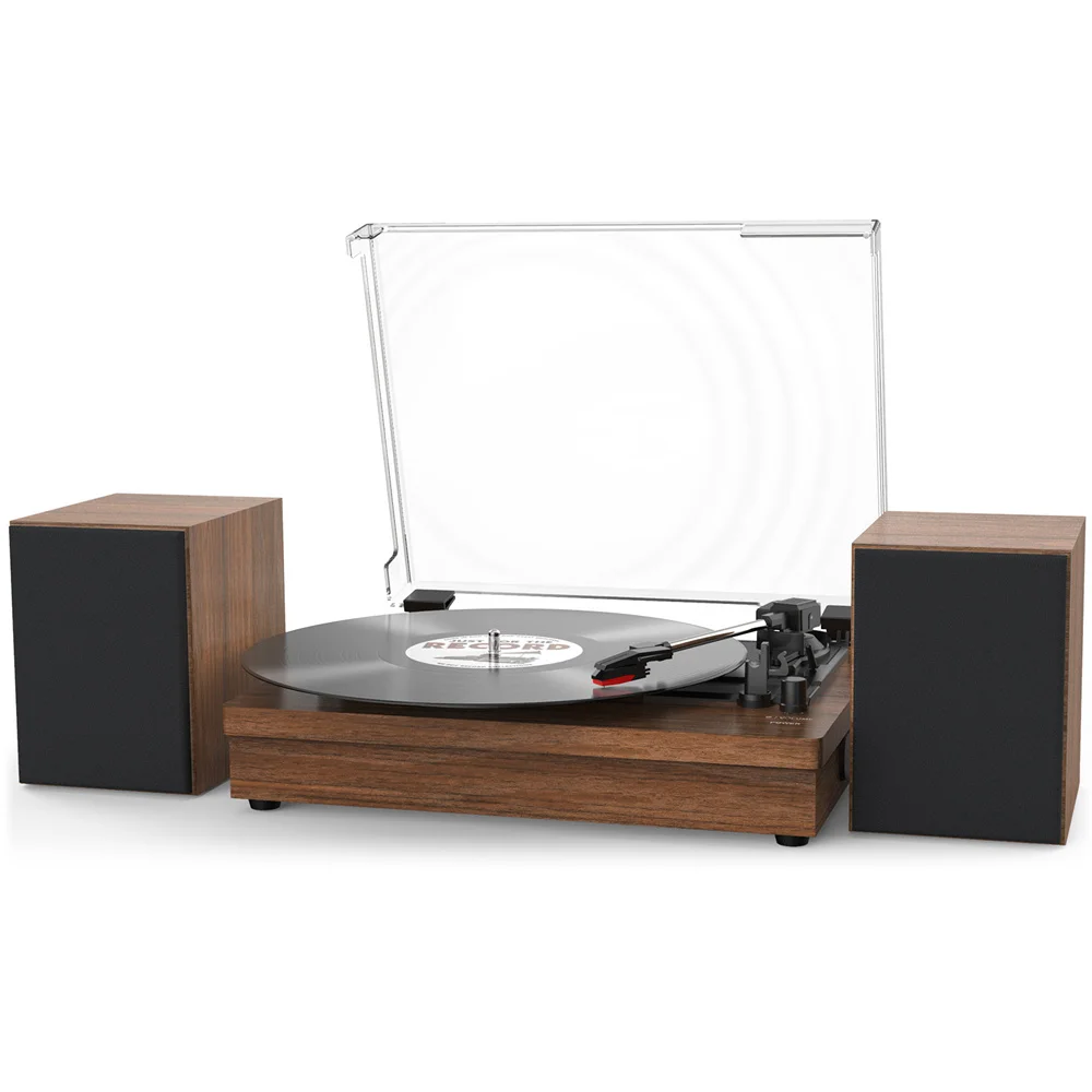 Retro, affordable, high-quality 3-speed turntable with 2 external speakers
