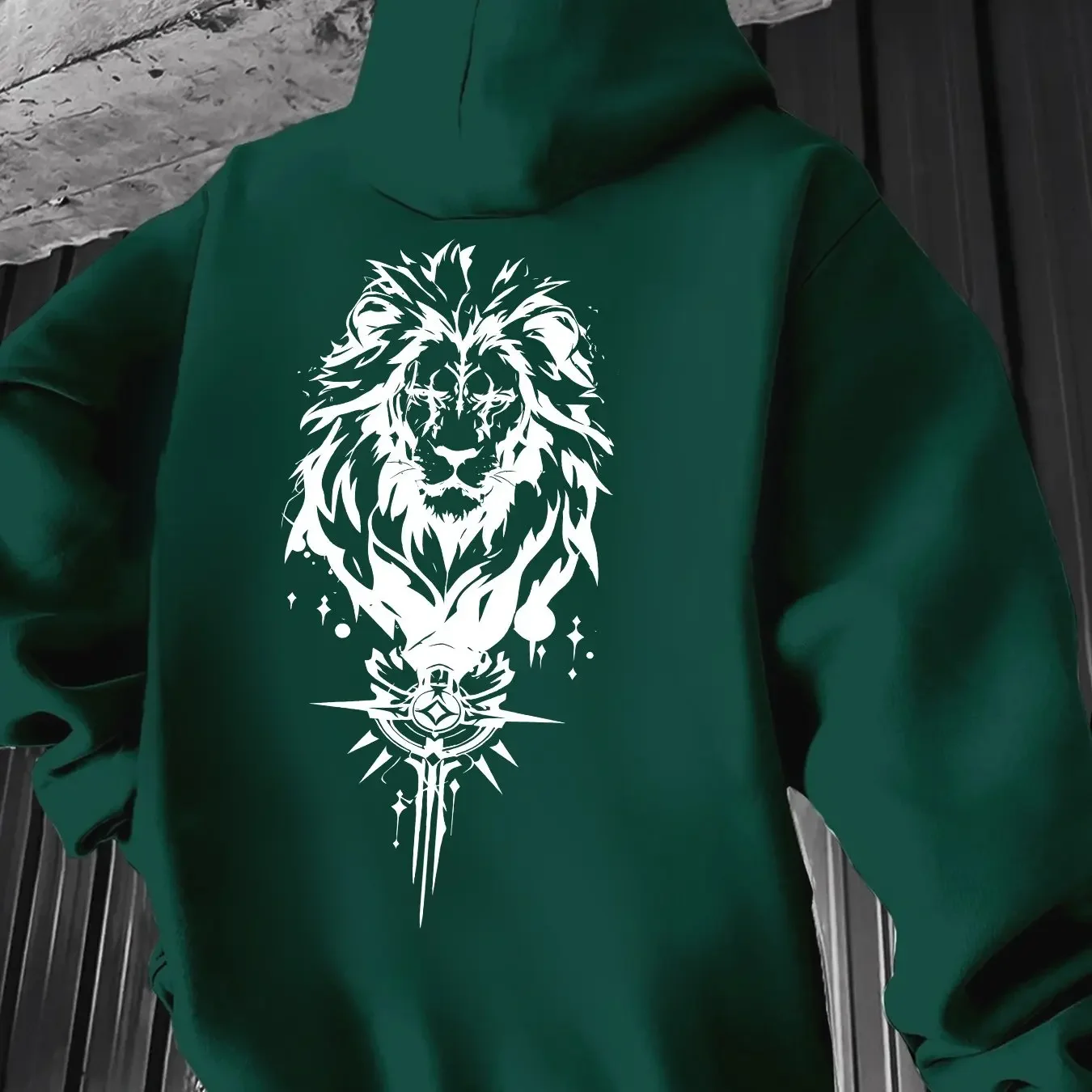Men Mystic Lion Head Compass Ornament Back Print Hoodie Wild Animal Aesthetic Graphic Loose‑fit Streetwear Sweatshirt