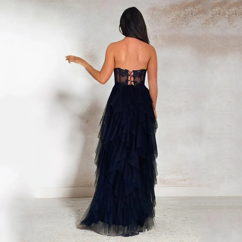 アリア クラシック ブルー イブニング ドレス チュール フロアレングス ストラップレス プロムドレス レース Aライン ベスティド デ フィエスタ カスタマイズ