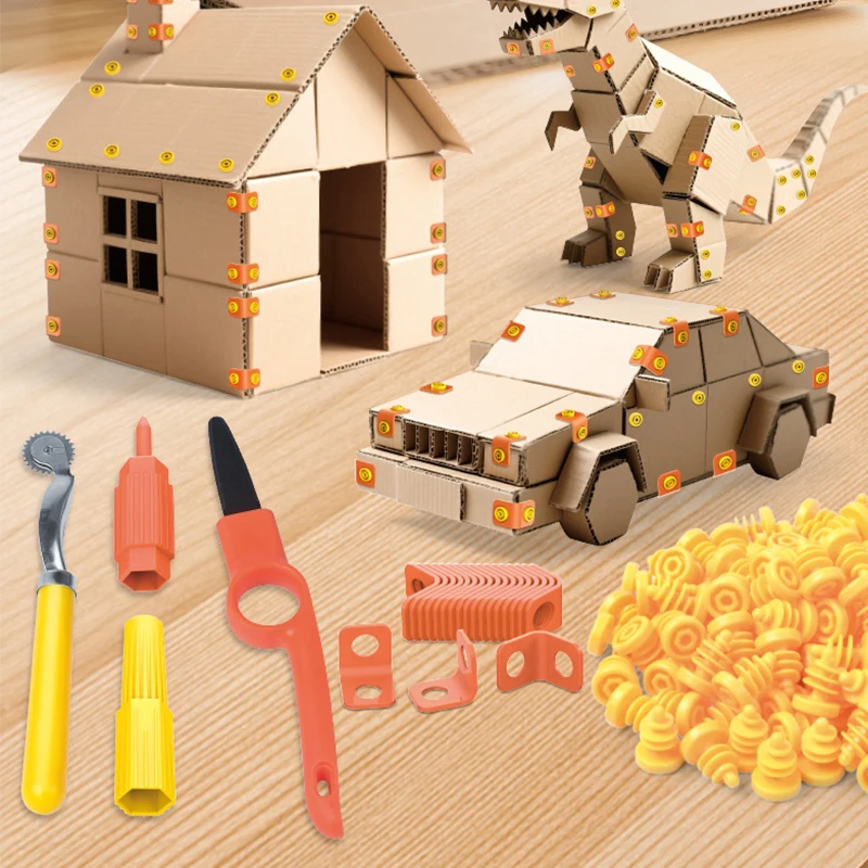 AT19-cardboard Tools For Kids With Cutter& Tool Box-150pcs Cardboard Construction Kit Ideal For Family& Team Activities New view 2