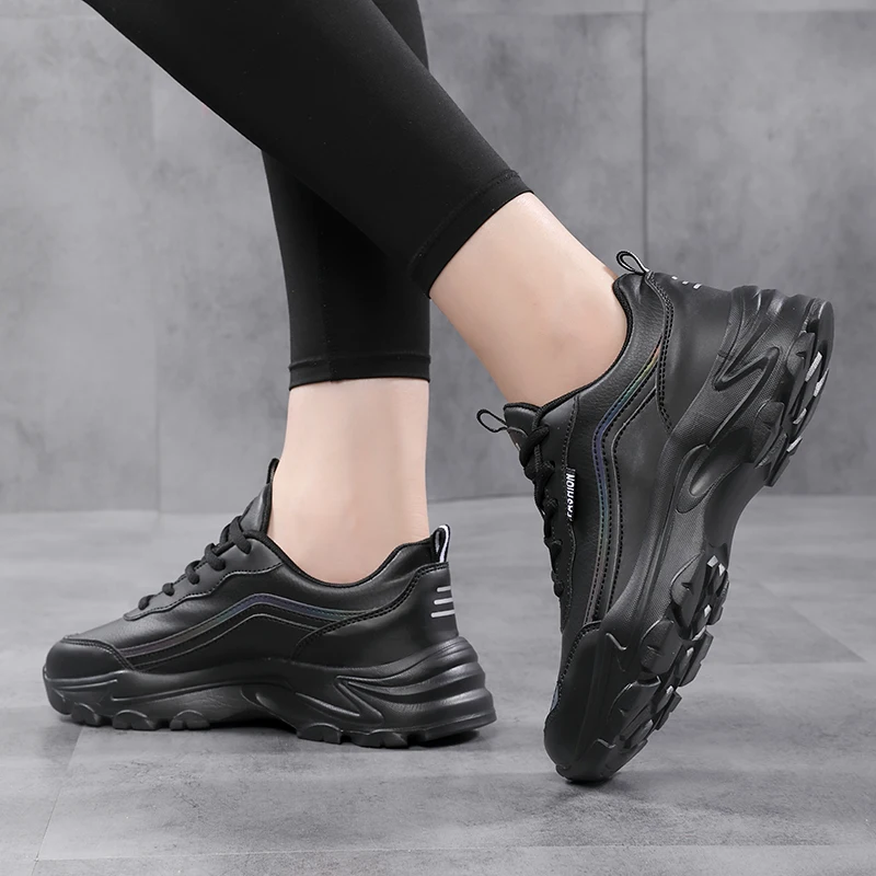 Black Thick Sole Leather Sneakers for Women Big Size 42 Fashion Women Running Shoes High Quality Flats Walking Platform Purple