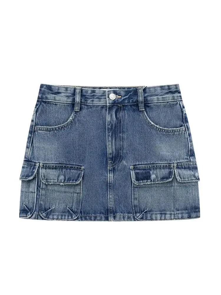 Women Mini Denim Skirt Faldas Vintage Multi Pocket High Waist Pencil Skirt Slim Casual Fashion Sexy 2024 Summer