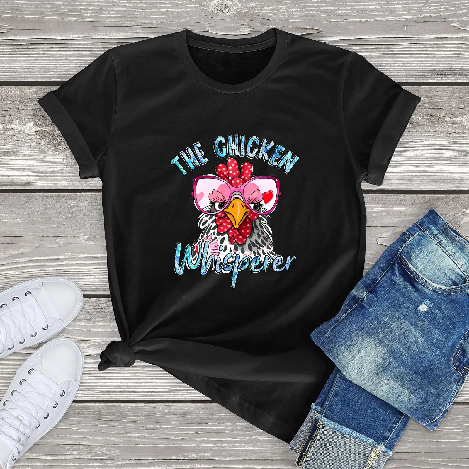 THE CHICKEN Whisperer Pink Glasses Hen 100% Cotton Round Neck Male and female Short Sleeve T-Shirt Casual Streetwear Clothing