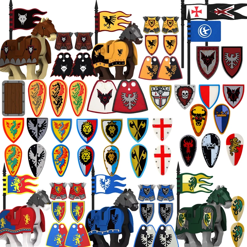 Medieval Roman Knight Legion Building Block Castle Green Dragon Forest Wolf  War Horse Dragon Lion Shield Armor Cloak Brick Toys