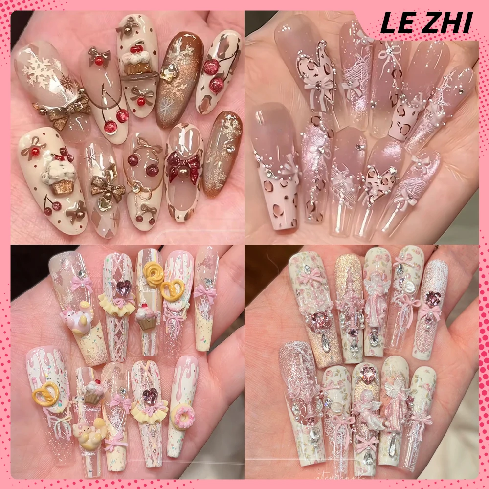 

Sweet Lovely Rabbit Bear Handmade Long Coffin Wearable French Press On Nails Bowknot Diamond Pearl Flowers Full Cover Nails