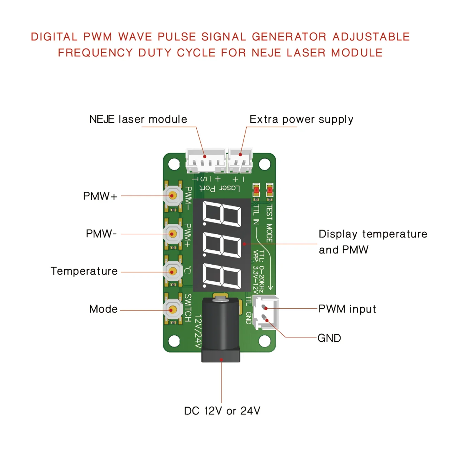 NEJE PWM/temperatuur laserschakelaarkaart voor lasermodule handmatige pwm-besturing met kabel