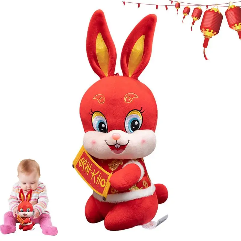 

Red Rabbit Plush Soft Rabbit Plush Doll Cute Big Ear Rabbit Stuffed Toy Chinese Style Plush Rabbit Stuffed Animal With Couplet