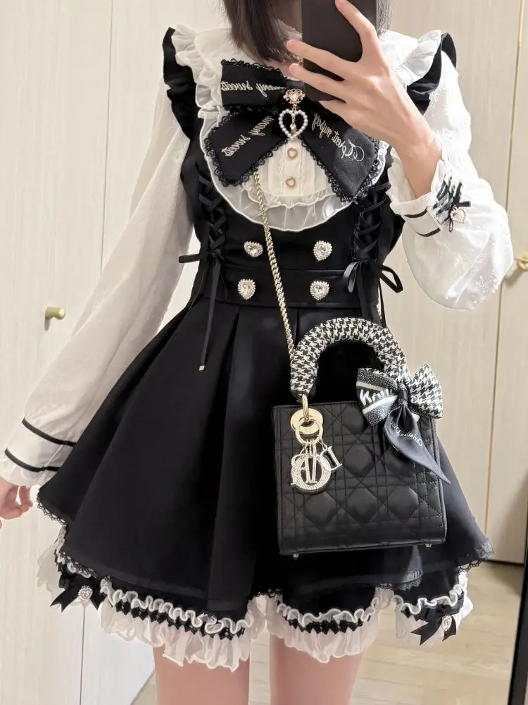 Y2k Aesthetics Vintage Bow Dress Shorts Set Women Gothic Lolita