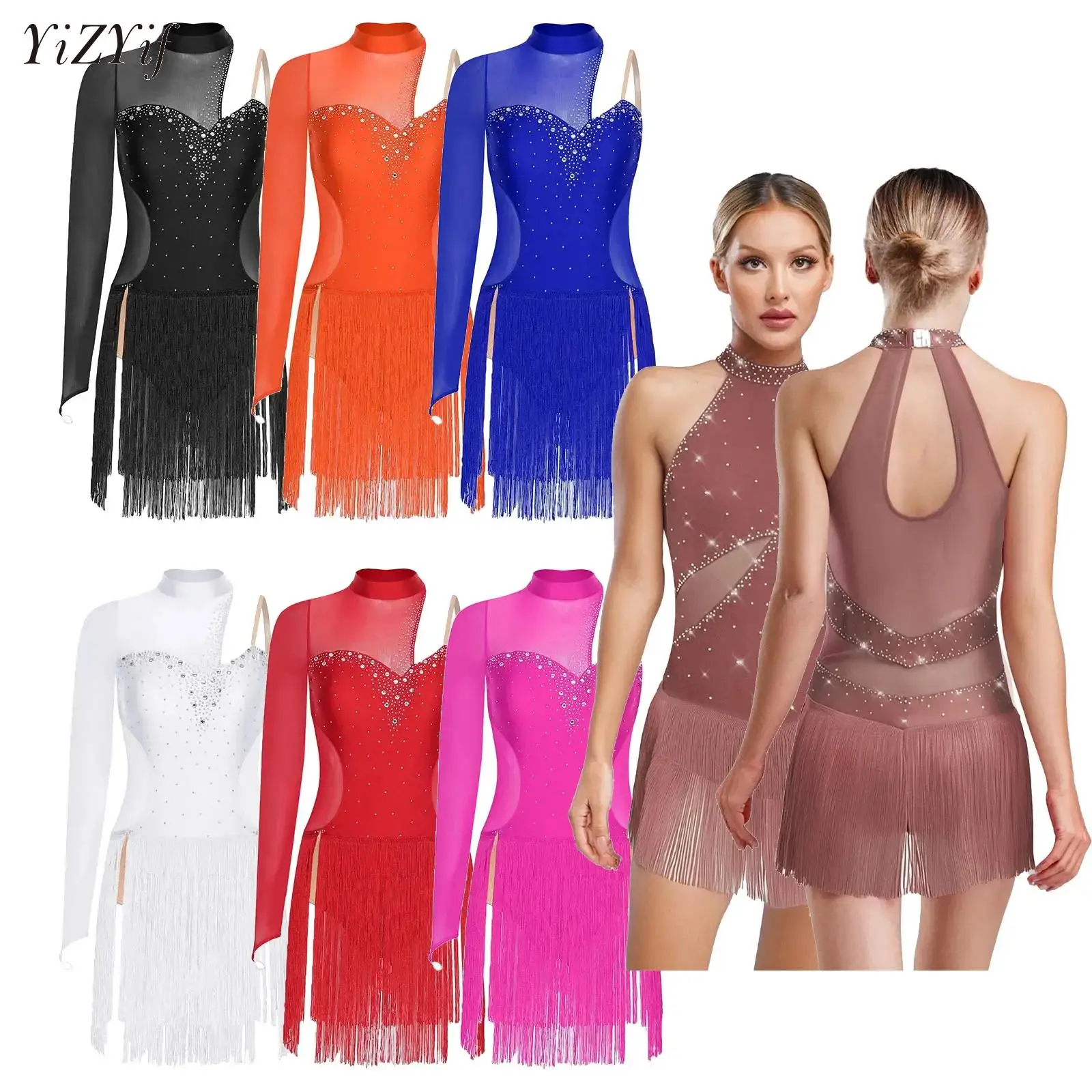 

Womens Latin Tango Dance Fringe Dress Cutout Back Sparkling Rhinestones Tassel Leotard Dress Ballroom Performance Dancewear