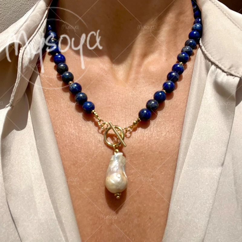 

MYSOYA 12-15mm Large Baroque Pearl Natural Lapis Lazuli Necklace, for Birthday/ Wedding/ Mother's Day/ Father's Day Gift A0968