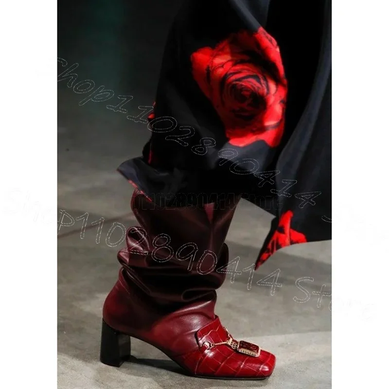 

Red Crocodile Print Jewel Decor Square Toe Boots Slip On Women Shoes Chunky High Heels New Party Runway 2024 Zapatos Para Mujere