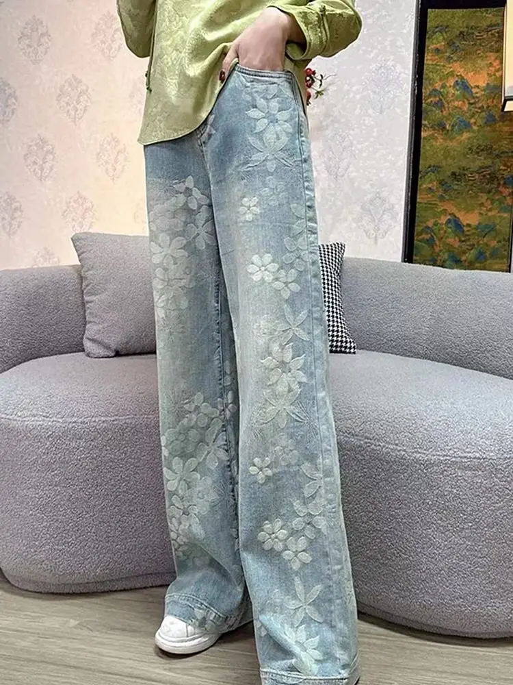 Pantalones vaqueros Vintage con estampado De flores para Mujer, ropa De cintura alta con bolsillos, informal, holgada, estética, primavera y otoño