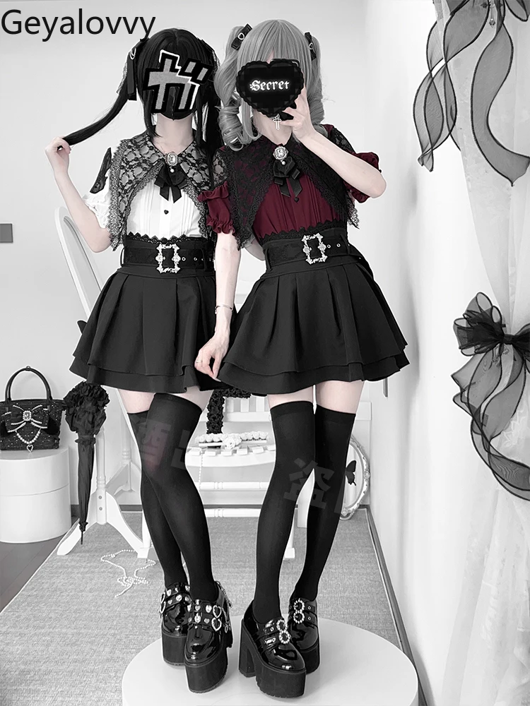

Japanese Mine Series Sweet Versatile Top Solid Color Summer Women's Short-sleeved Shirt and High-waisted Strap Short Skirt Set