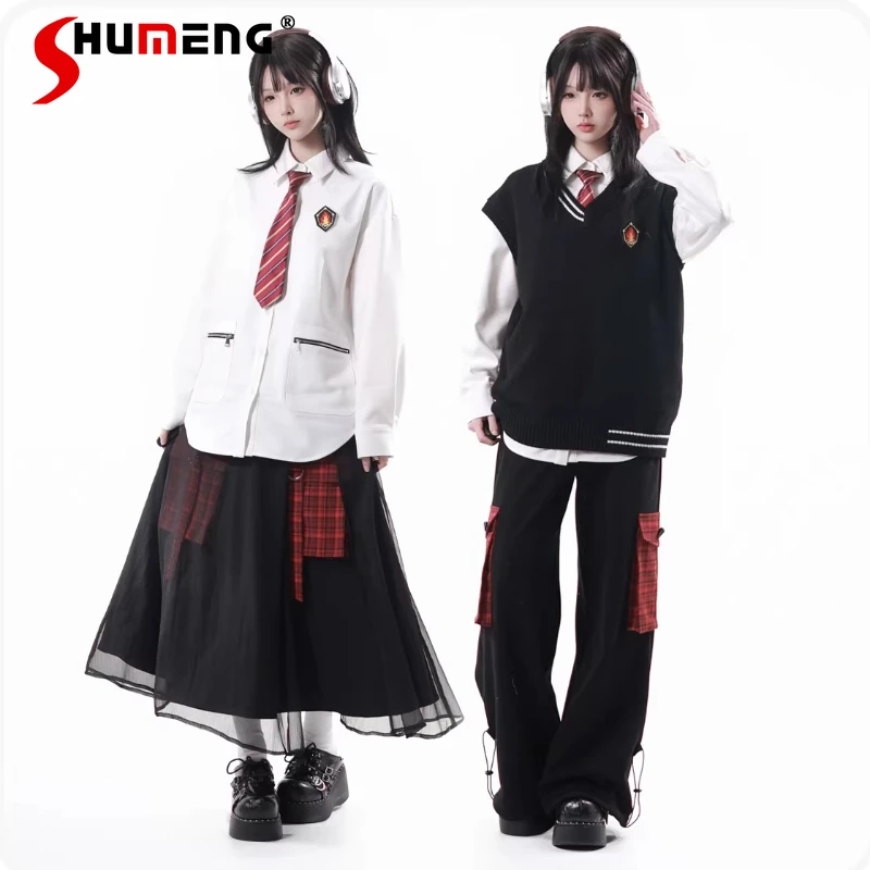 

Japanese Style New Year's Fashion Shirt Knitted Vest Bottoms And Stylish Inner Layer Clothes Y2k Cool Single-breasted Top Blouse