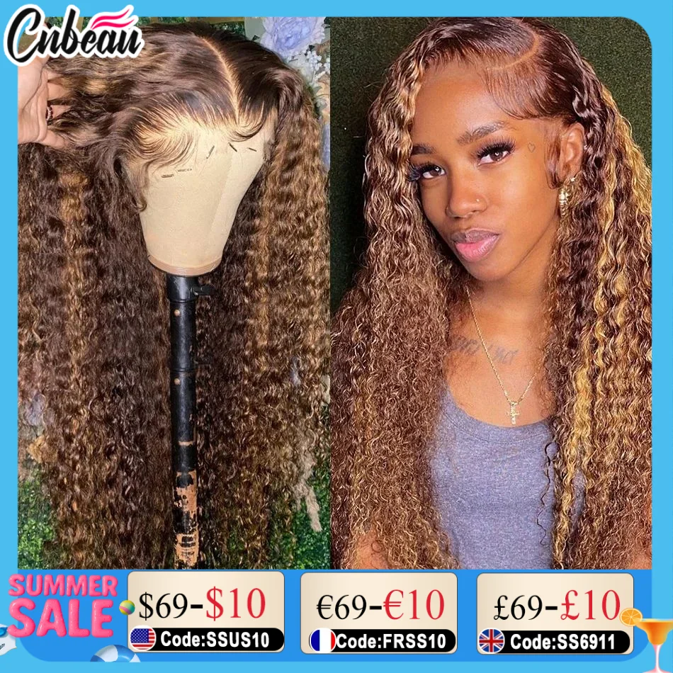 

13x4 13x6 Frontal Highlight 250% 30 36 Inch Kinky Curly Hd Wear To Go Human Hair Wigs Ombre 4/27 Water 4x4 Lace Closure Glueless
