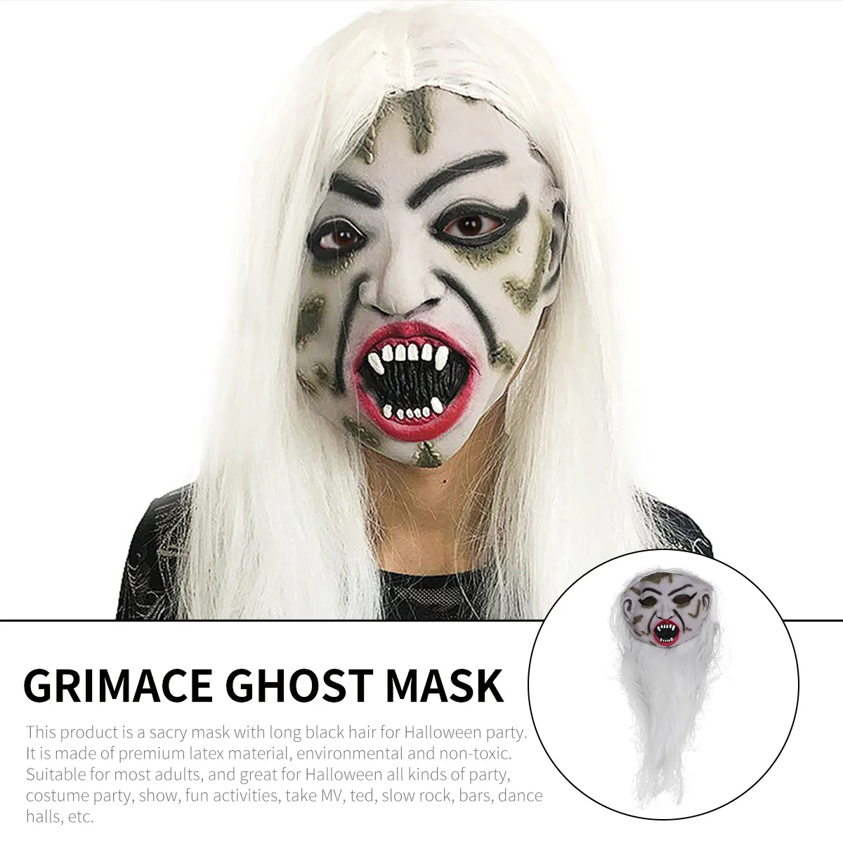 

1pc Grimace Ghost Mask for Halloween Party Costume White Hair Scary Witch Face Latex Skin Emulsion Woman Horror Decoration