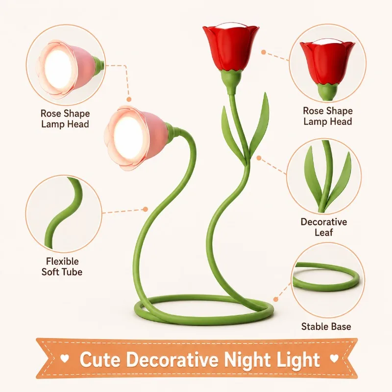 Creative Rose Flower Table Lamp Flexible Silicone LED Night Light Touch Dimmable Bedside Lamp for Bedroom Desk Home Decor Gift