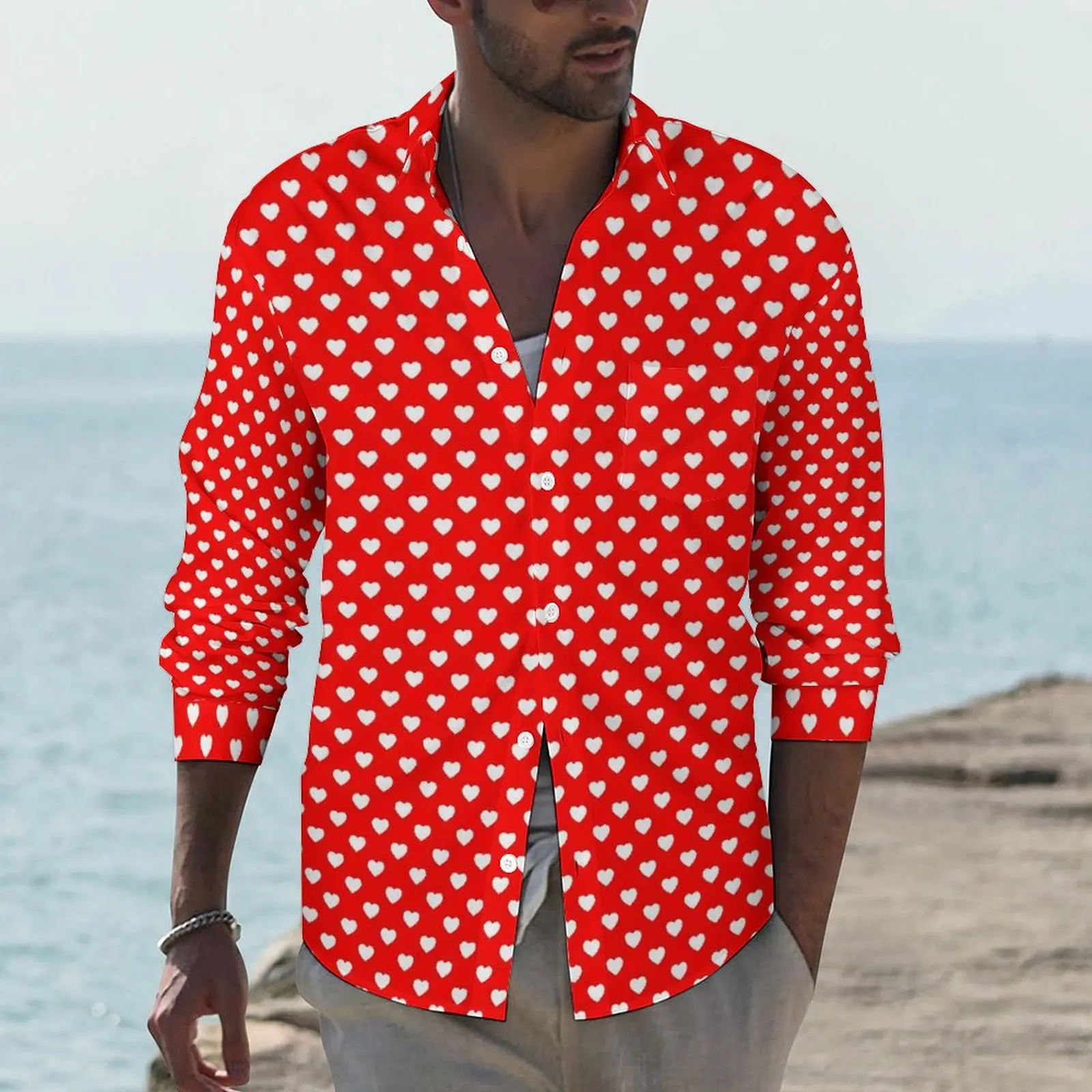 

Red And White Hearts Shirt Spring Polka Dot Casual Shirts Man Retro Blouses Long Sleeve Pattern Harajuku Top 3XL 4XL