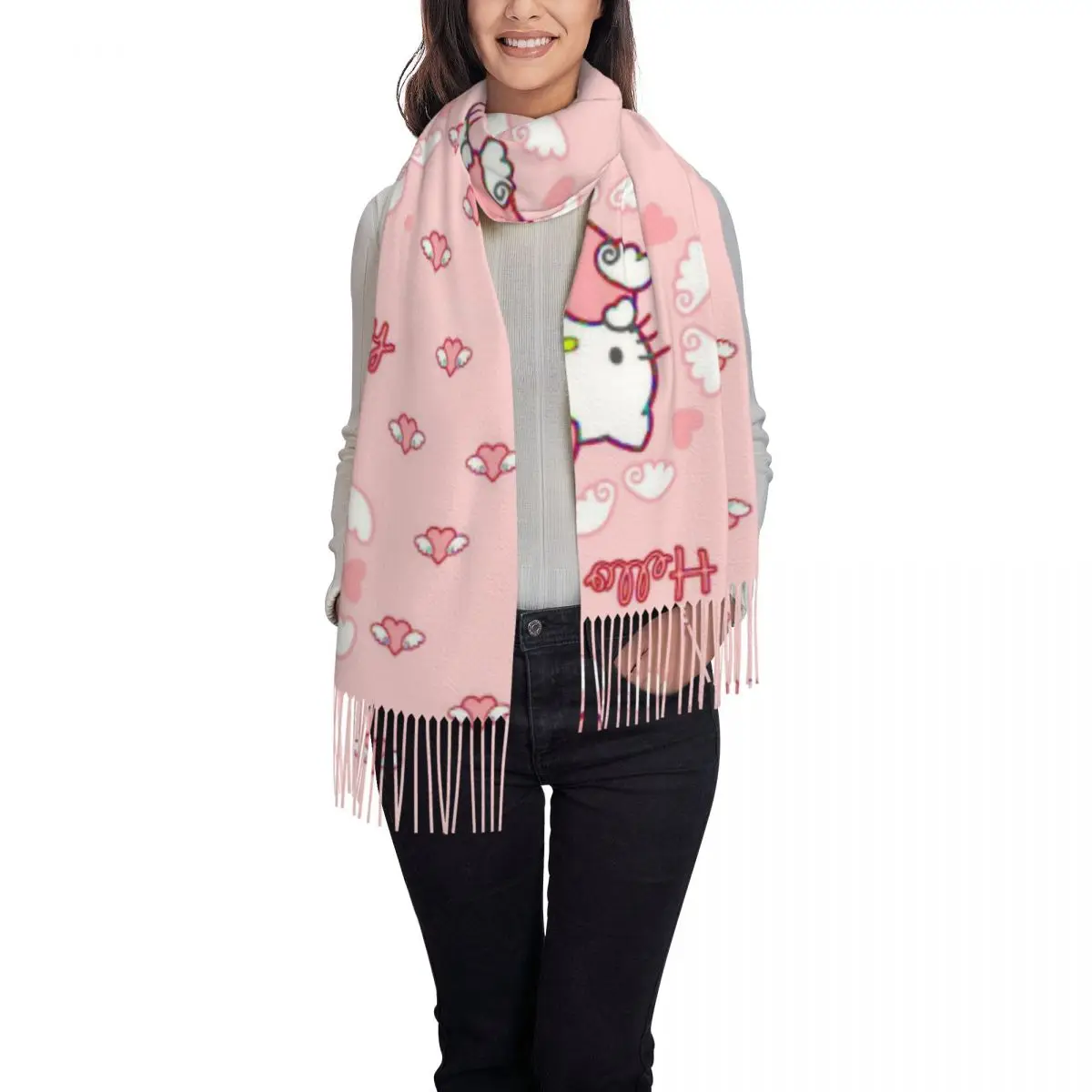 Custom Print Hello Kitty Cartoon Scarf Women Men Winter Fall Warm Scarves Kitty White Shawl Wrap