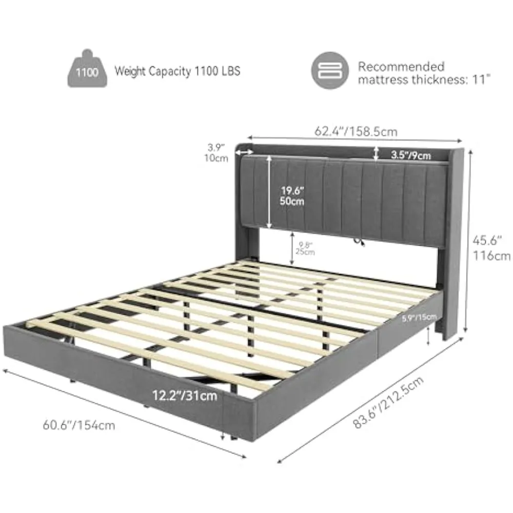 Queen Size Bed Frame, Floating Bed Frame with Upholstered Headboard & Wingback, Led Platform Bed Frame with Built-in Type-C