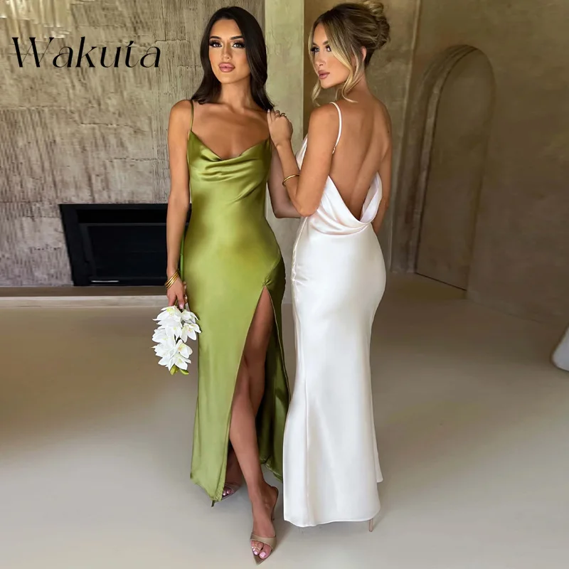 Wakuta Summer Lace Up Backless Satin Strap Maxi Dresses for Women Side Slit Bodycon Sexy Party Elegant Birthday Evening Outfits