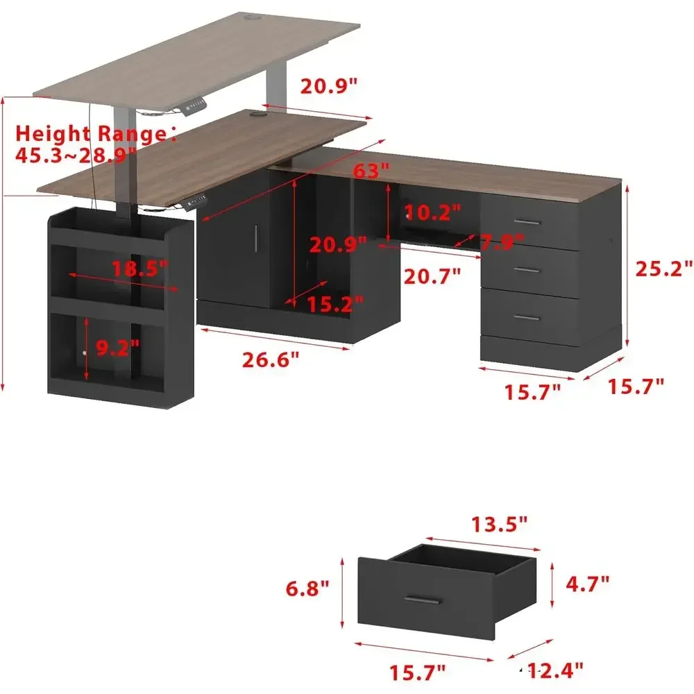 Electric Adjustable L-Shaped Desk with Drawers and Storage, 63 Wide, 3 Memory Heights, Deep Brown & Black