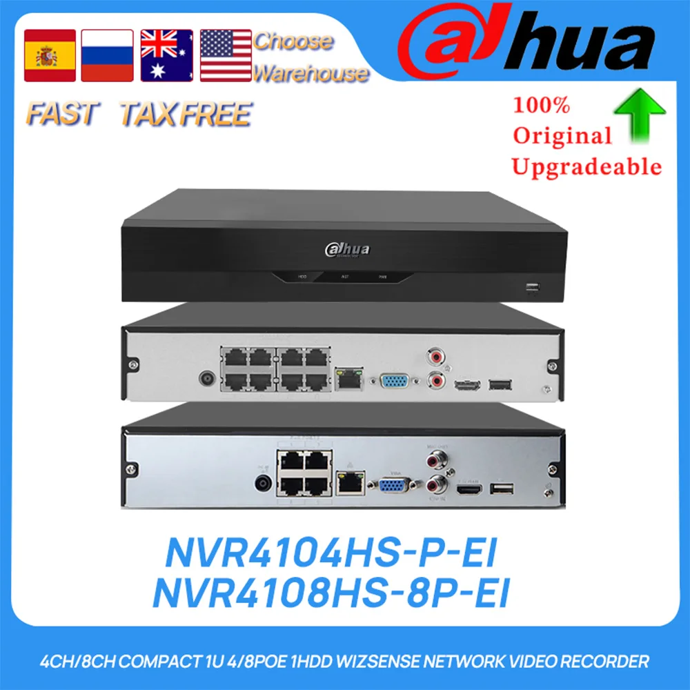 Dahua Original NVR4104HS-P-EI NVR4108HS-8P-EI 4/8CH Compact 1U 4/8PoE 1HDD WizSense AI Network Video Recorder 1SATA IVS SMD Plus