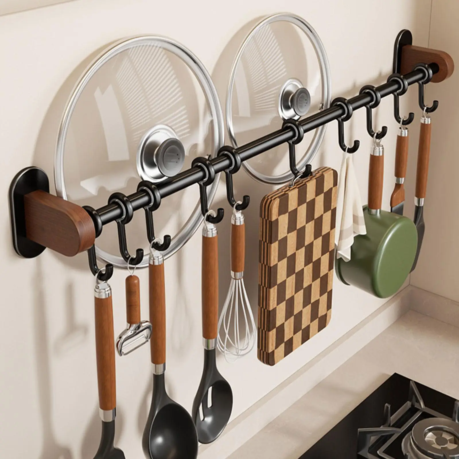 Wall Mounted Pot Pan Hanger Wooden Kitchen Rack Space Saver Organizer for Entryway Balcony Home