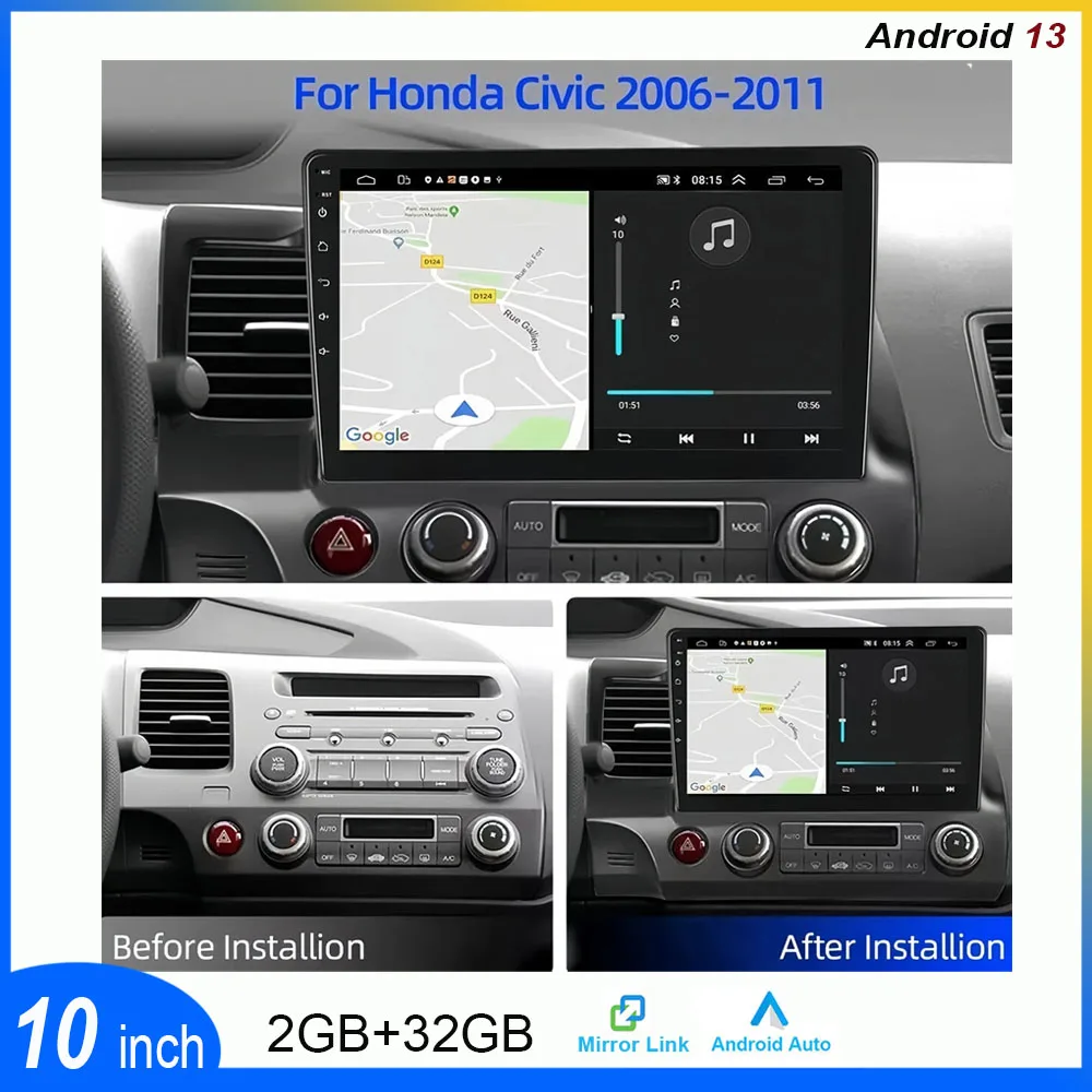 2+32G Car Radio for Civic 2006-2011 10 inch Android13 Touch Screen Stereo fit for Carplay/Android Auto/SWC/WiFi/GPS Navigation