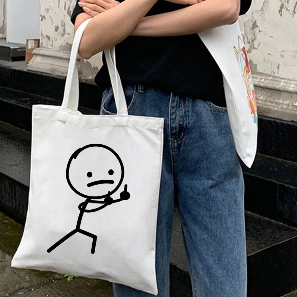 Simple Cute Funny Couple Line Art Stick Figures Woman Girls Shopping Hand Canvas Bags Cotton Eco Grocery Shoulder Reusable Totes