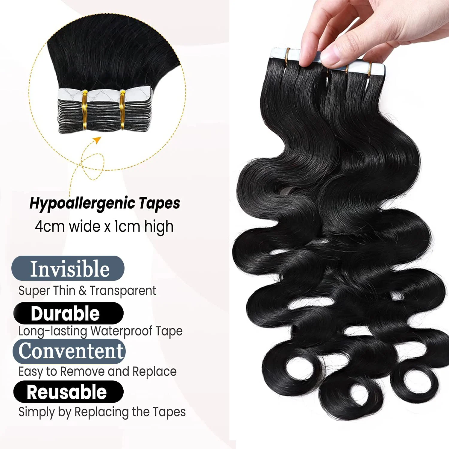 Fita em extensões de cabelo cabelo humano 20 pçs 50g fita de onda de corpo inteiro em extensões de cabelo para preto feminino invisível preto cabelo real