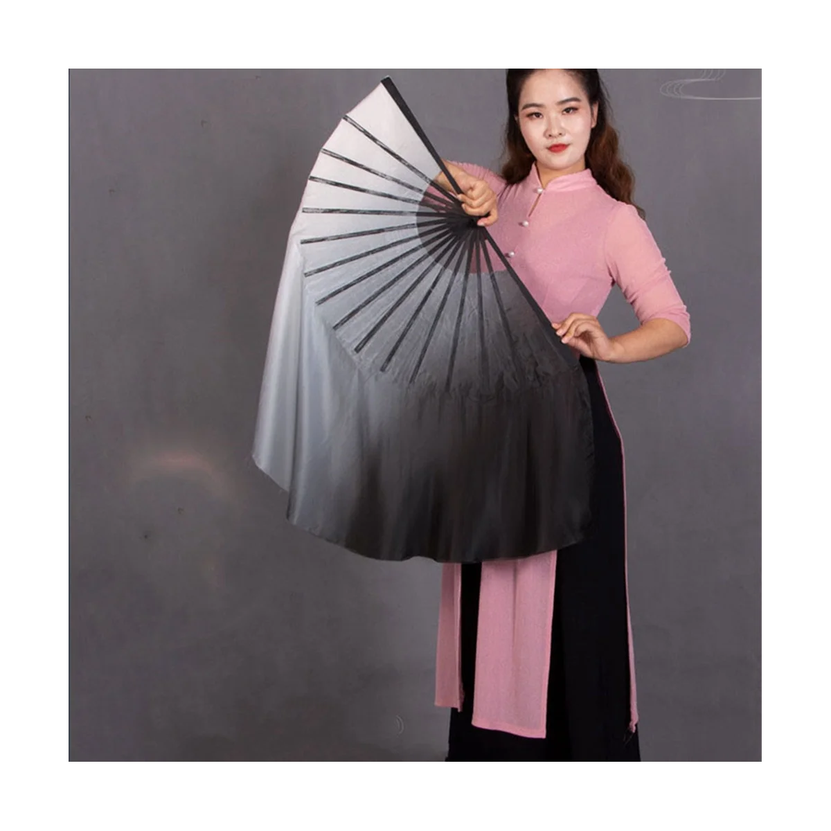 2 Layers Half Moon Real Silk Veils Double Side Fan Pair for Folk Dance Show Props White Black Gradient Shuimo Veil 1L+1R