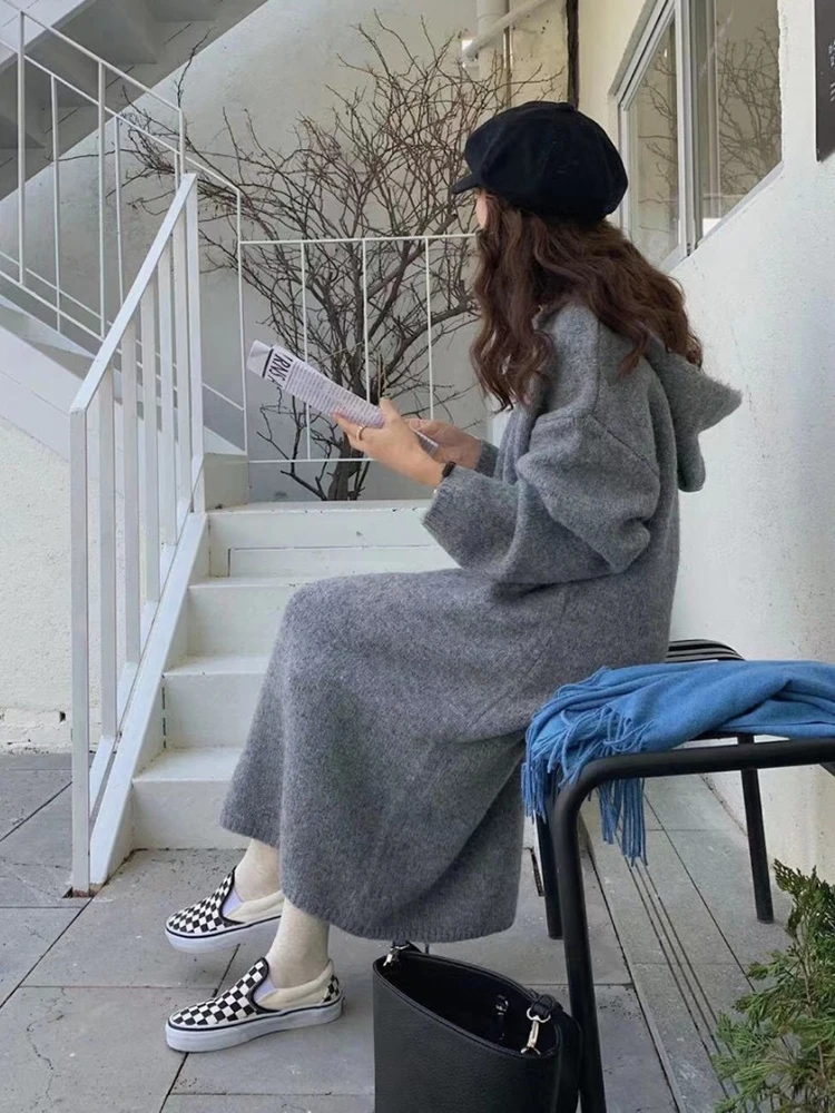 QOERLIN Minimalist Korean Dress Women Autumn Winter Grey Sweater Dress Maxi Hoodies Long Sleeve Knitted Dresses Loose Casual