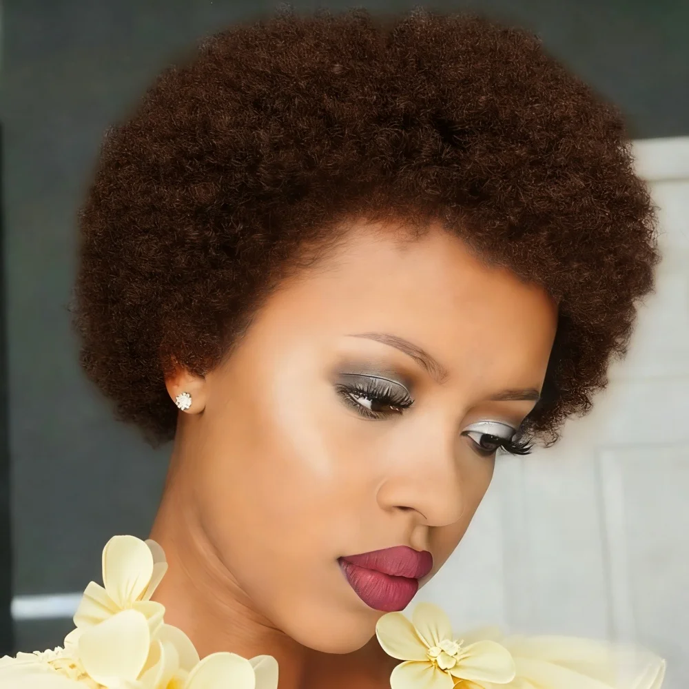 6 inches Afro Human Hair Wigs Short Afro Wig for Women Short Kinky Curly wig with Bangs for DailyFull Machine-Made Wig