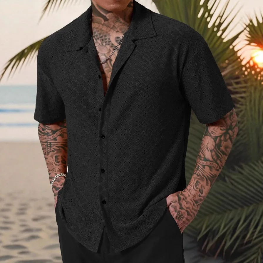 2025 European and American Spring and Summer Men's Short-sleeved Versatile Shirts Hollow Jacquard Casual Shirts