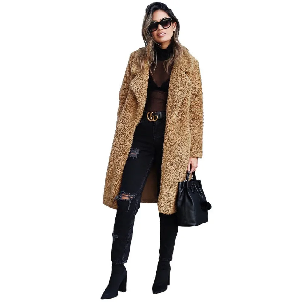 

Comfortable Casual Style Polyester Fabric Women's Long Sleeve Lapel Double-Faced Lamb Fur Coat Extended Length Outerwear