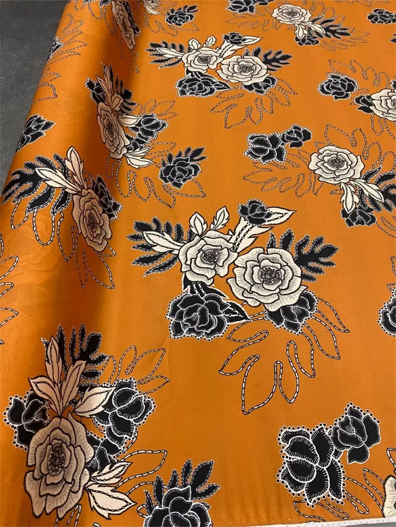 Orange Art Printing Dyeing High End Hanfu Pajamas Dress Handmade Natural Silk Fabric Fashion Luxury DIY Sewing Material By Meter