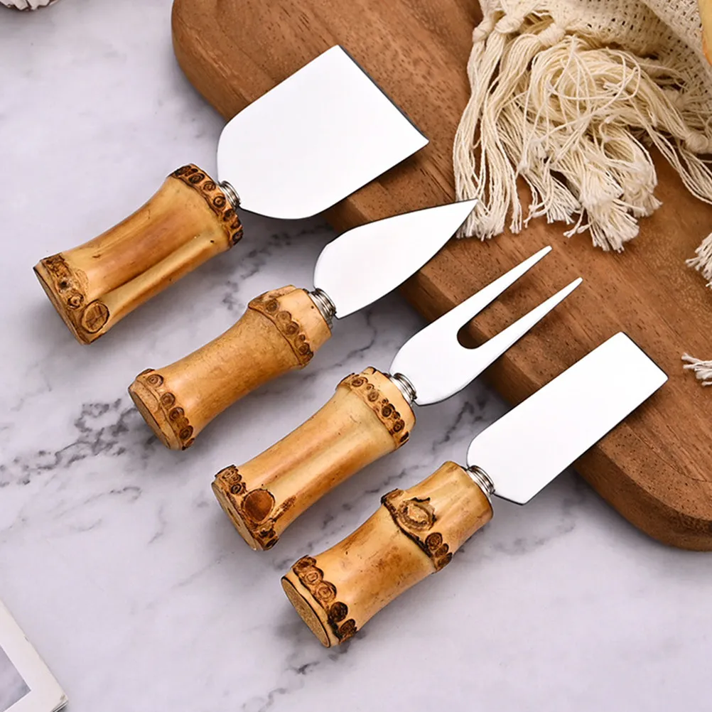 1Set Bamboo Handle Stainless Steel Cheese Knife Set Professional Multi-Function Cheese Cutter Spatula for Cream Butter Cake